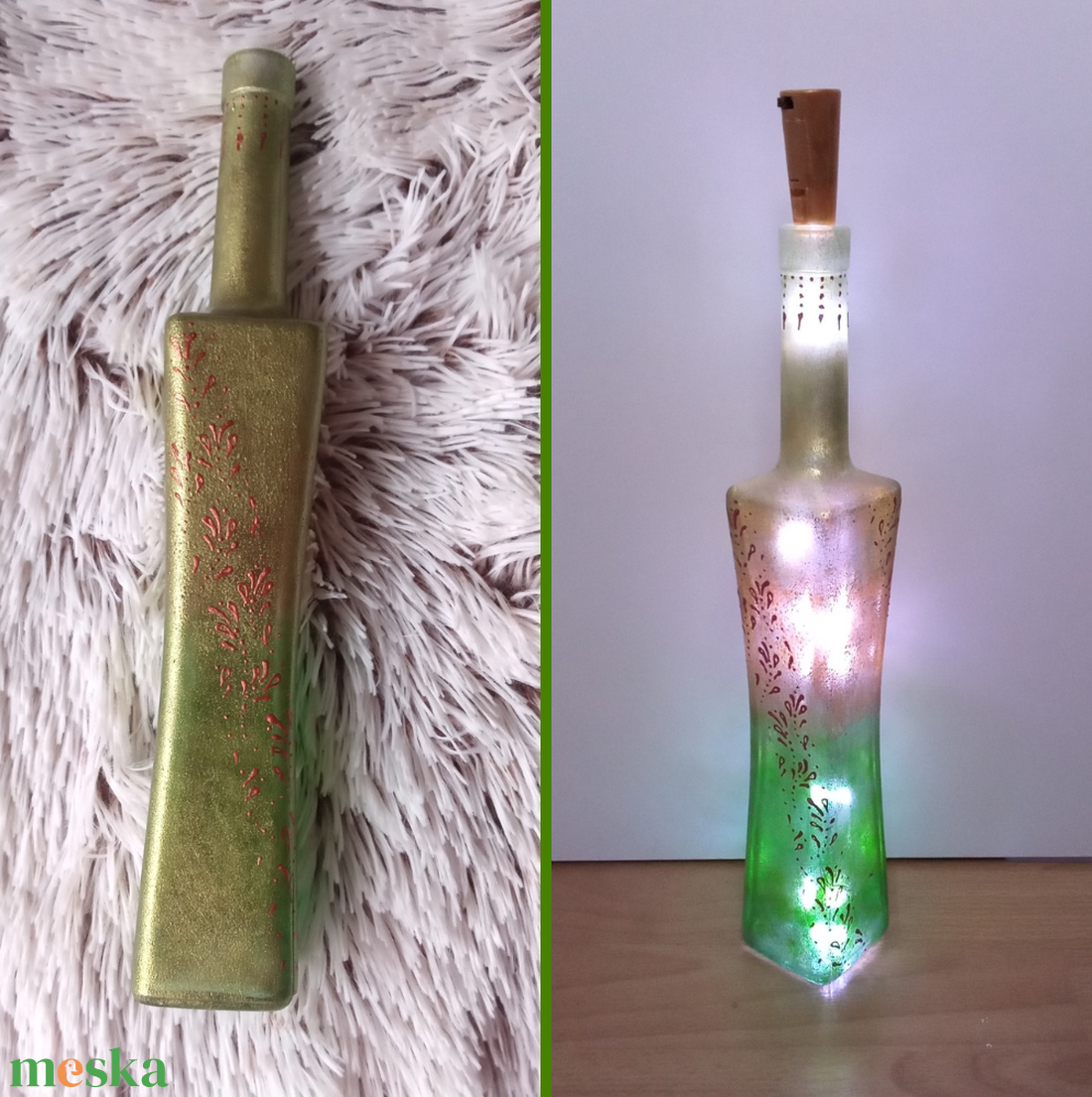 Zöldarany indamintás lámpás - egyedi festett üveg bottlelamp - otthon & életmód - lámpa - hangulatlámpa - Meska.hu