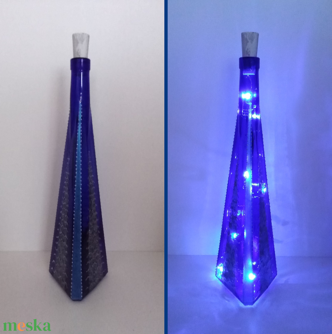 Kék-ezüst üveglámpás - egyedi festett üveg bottlelamp - otthon & életmód - lámpa - hangulatlámpa - Meska.hu
