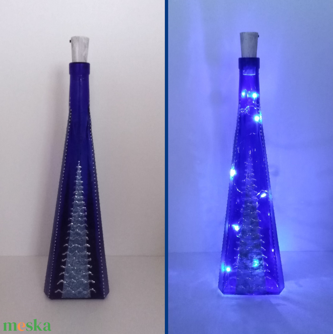 Kék-ezüst üveglámpás - egyedi festett üveg bottlelamp - otthon & életmód - lámpa - hangulatlámpa - Meska.hu