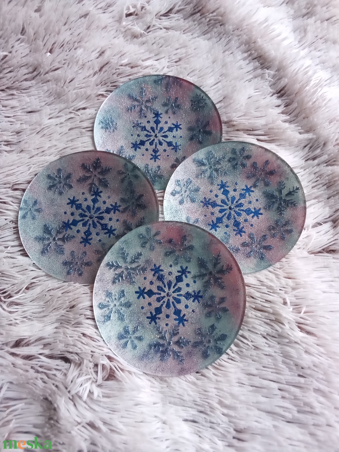 Kék-ezüst mécsestartó szett - egyedi festett üveg mésestartó tálka 4db - otthon & életmód - gyertya, illat, aroma - mécses és mécsestartó - Meska.hu