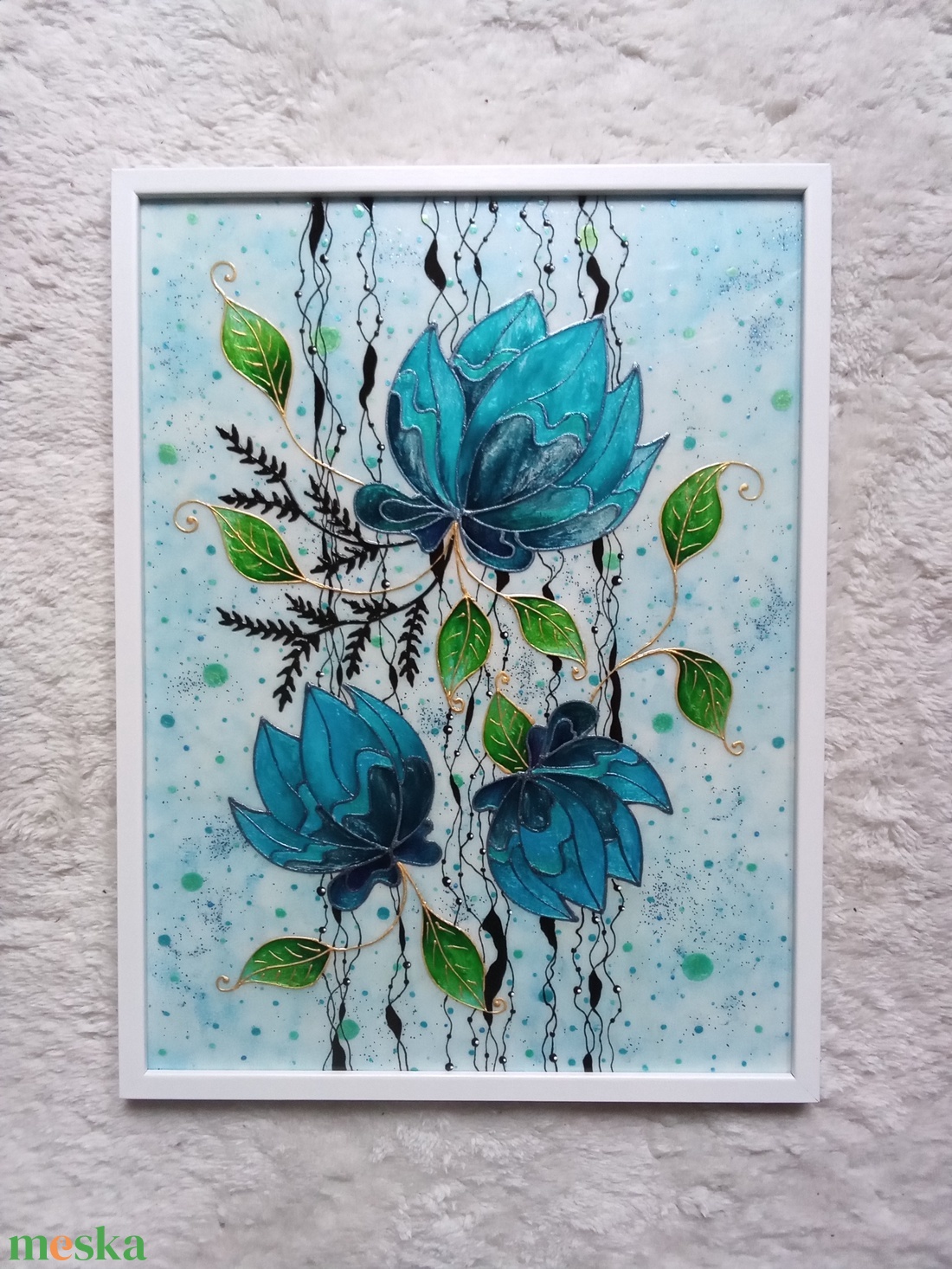 Virágos kékség - plexiüvegre festett falikép, festmény 30x40cm - művészet - festmény - üvegfestmény - Meska.hu Virágos kékség - plexiüvegre festett falikép, festmény 30x40cm - művészet - festmény - üvegfestmény - Meska.hu