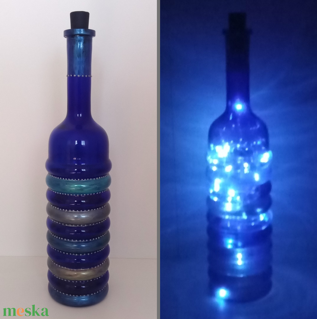 Kékséges-Szépséges üveglámpás - egyedi festett üveg bottlelamp - otthon & életmód - lámpa - hangulatlámpa - Meska.hu
