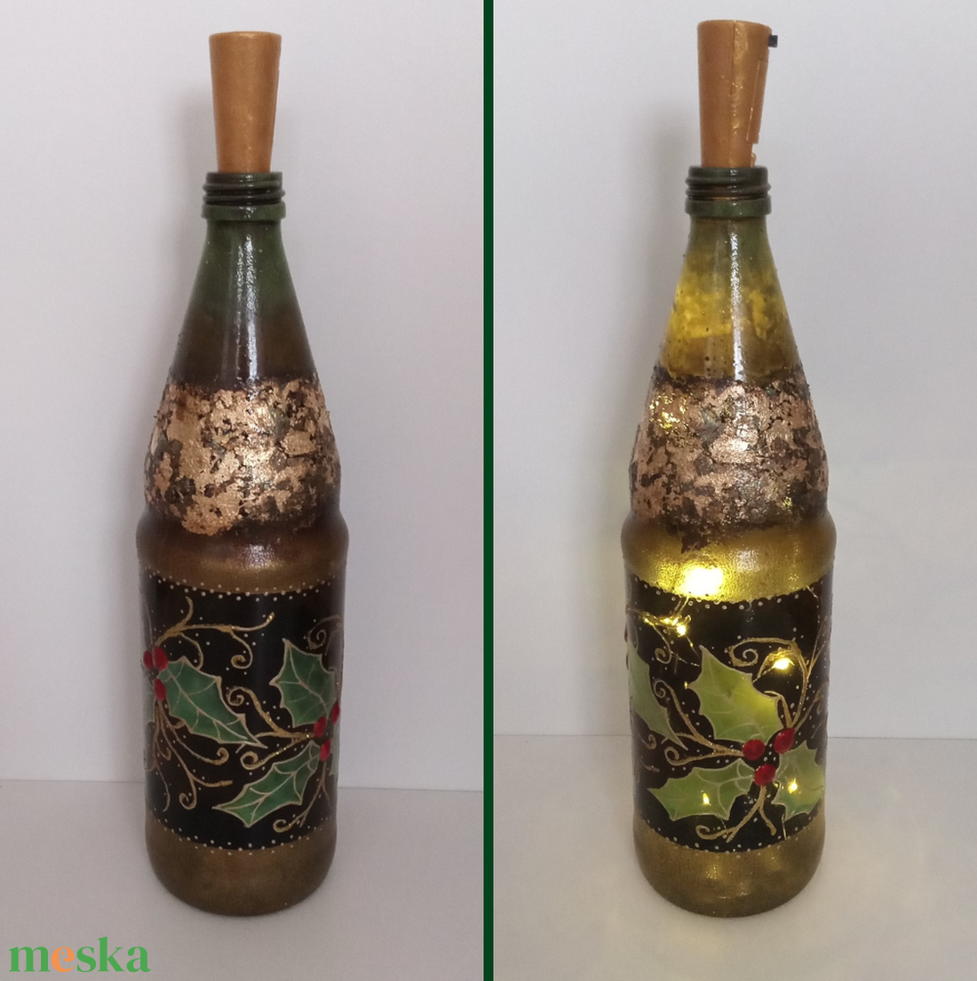Karácsonyi zöld üveglámpás - egyedi festett üveg bottlelamp - otthon & életmód - lámpa - hangulatlámpa - Meska.hu
