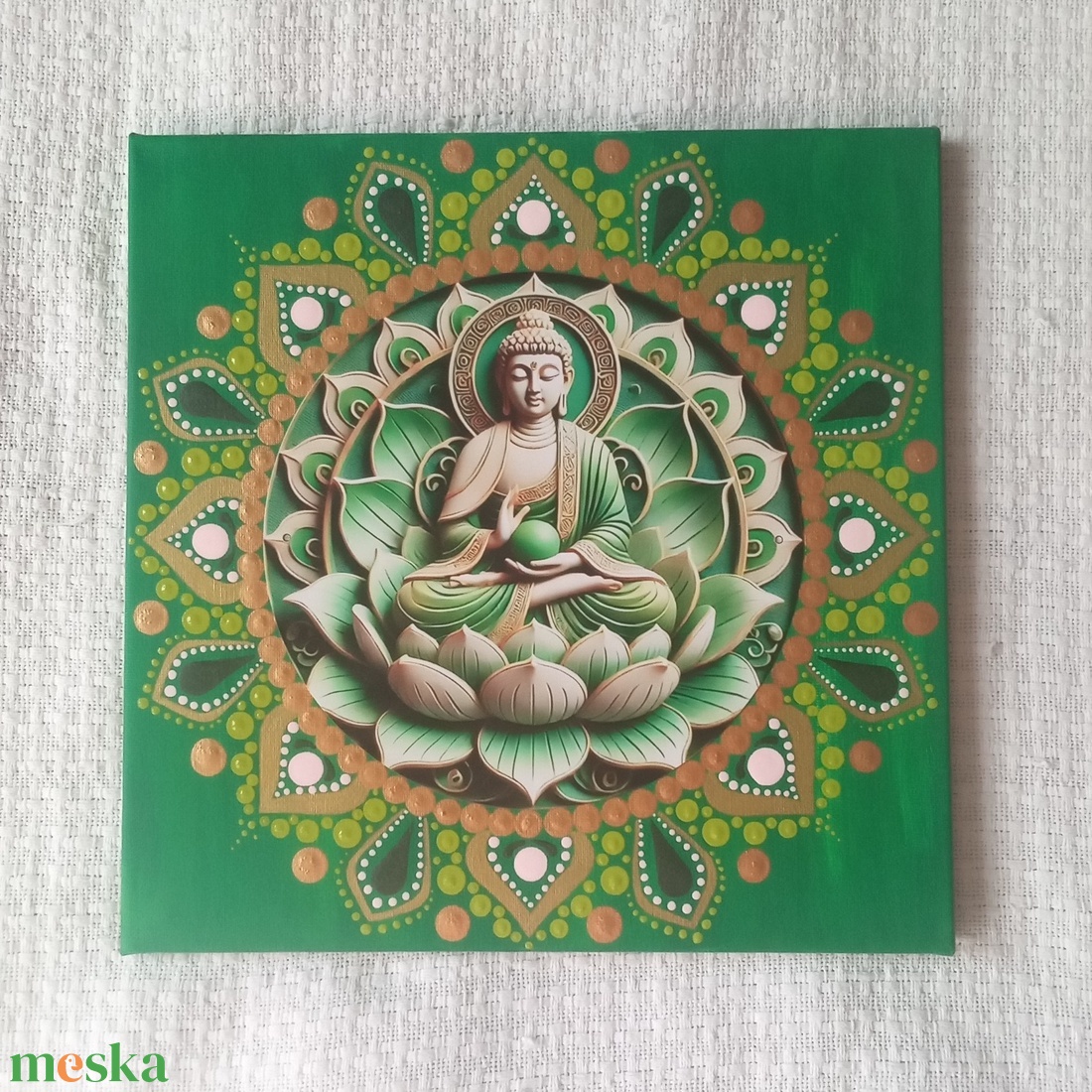 Buddha - zöldben, lótusszal - egyedi akril festmény, mandala falikép 30x30 cm - művészet - festmény - akril - Meska.hu