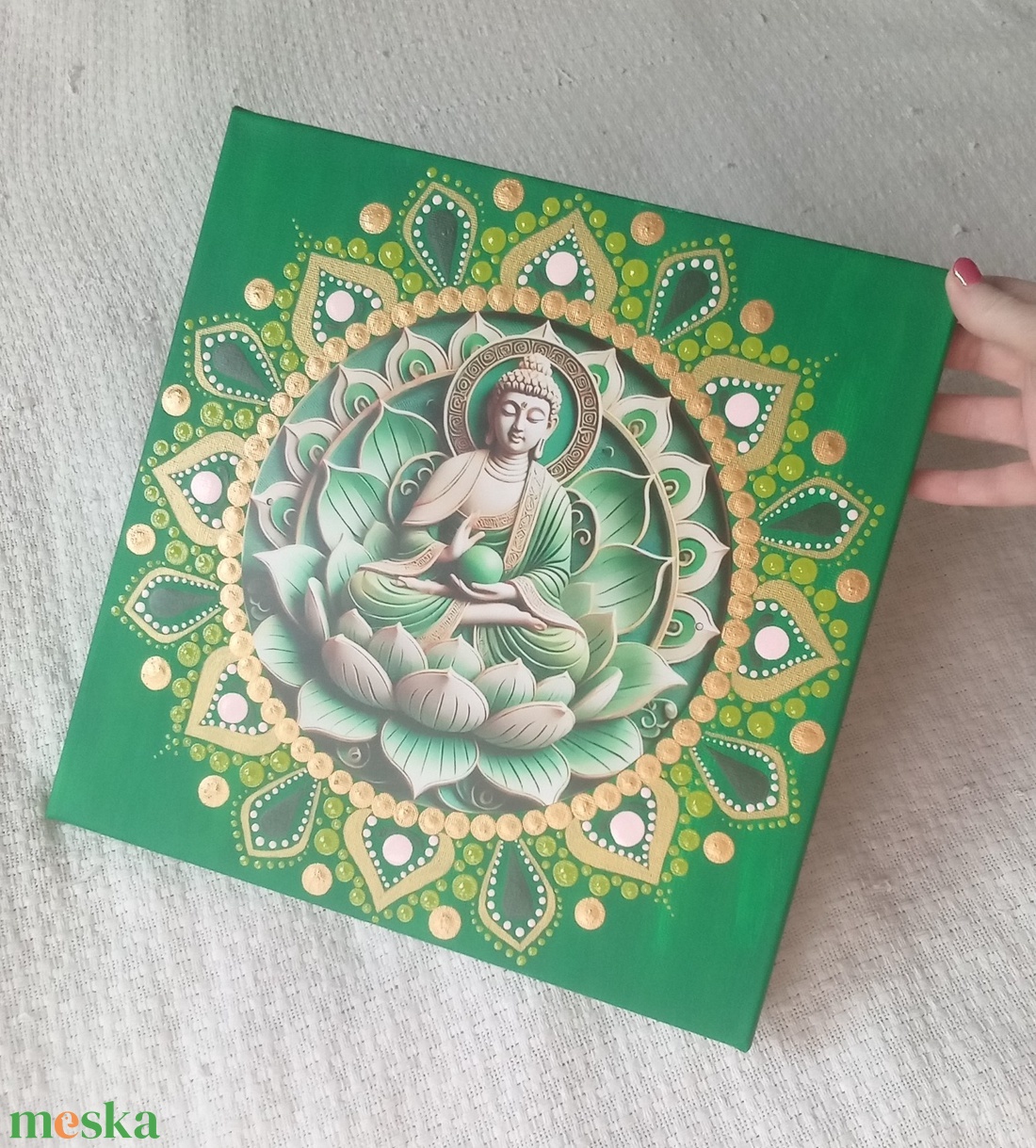 Buddha - zöldben, lótusszal - egyedi akril festmény, mandala falikép 30x30 cm - művészet - festmény - akril - Meska.hu