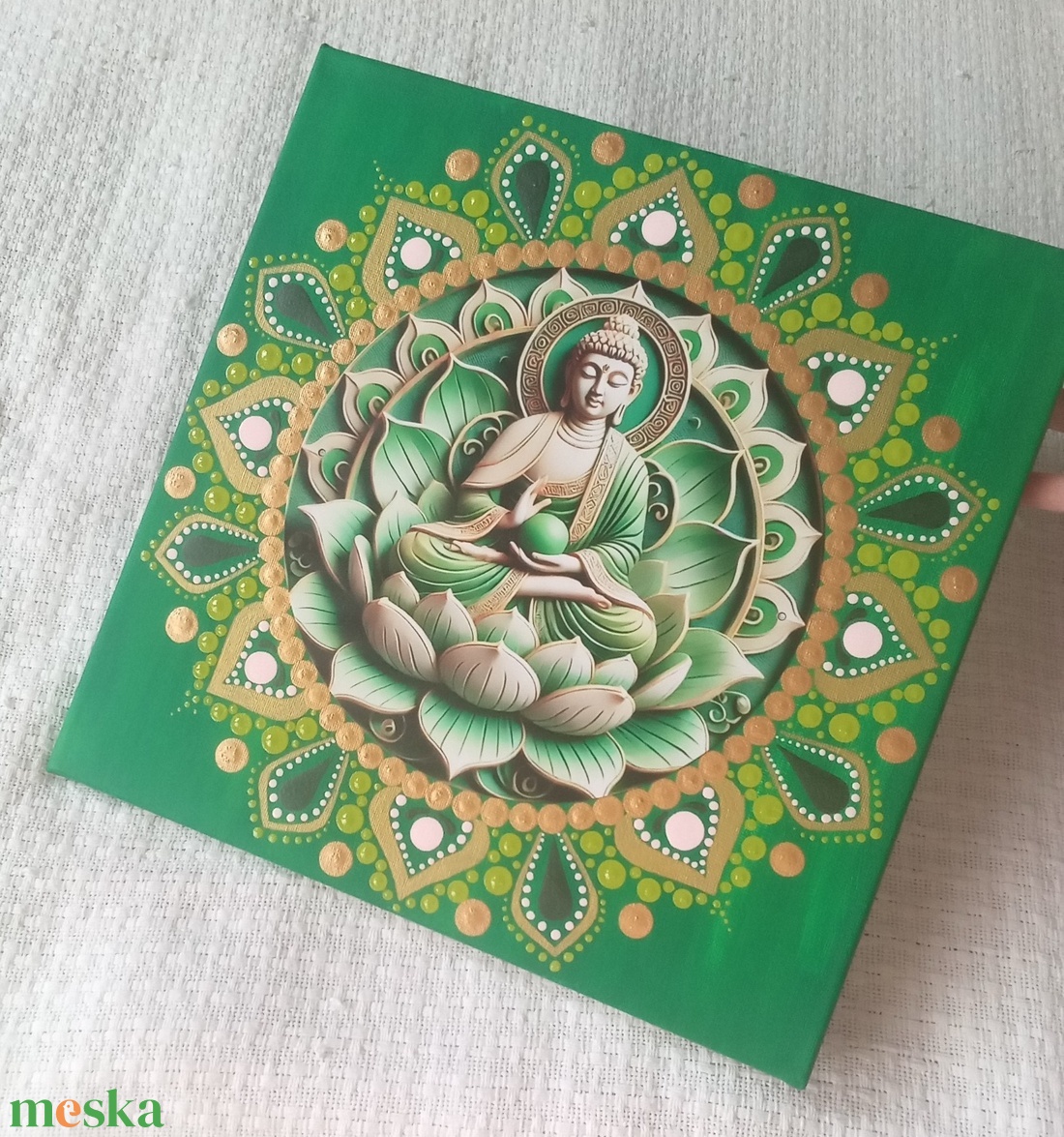 Buddha - zöldben, lótusszal - egyedi akril festmény, mandala falikép 30x30 cm - művészet - festmény - akril - Meska.hu