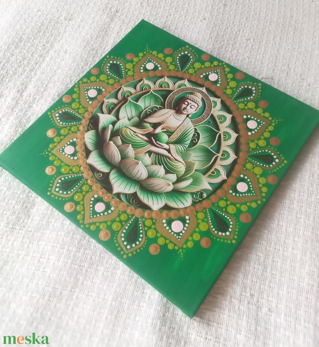 Buddha - zöldben, lótusszal - egyedi akril festmény, mandala falikép 30x30 cm - művészet - festmény - akril - Meska.hu