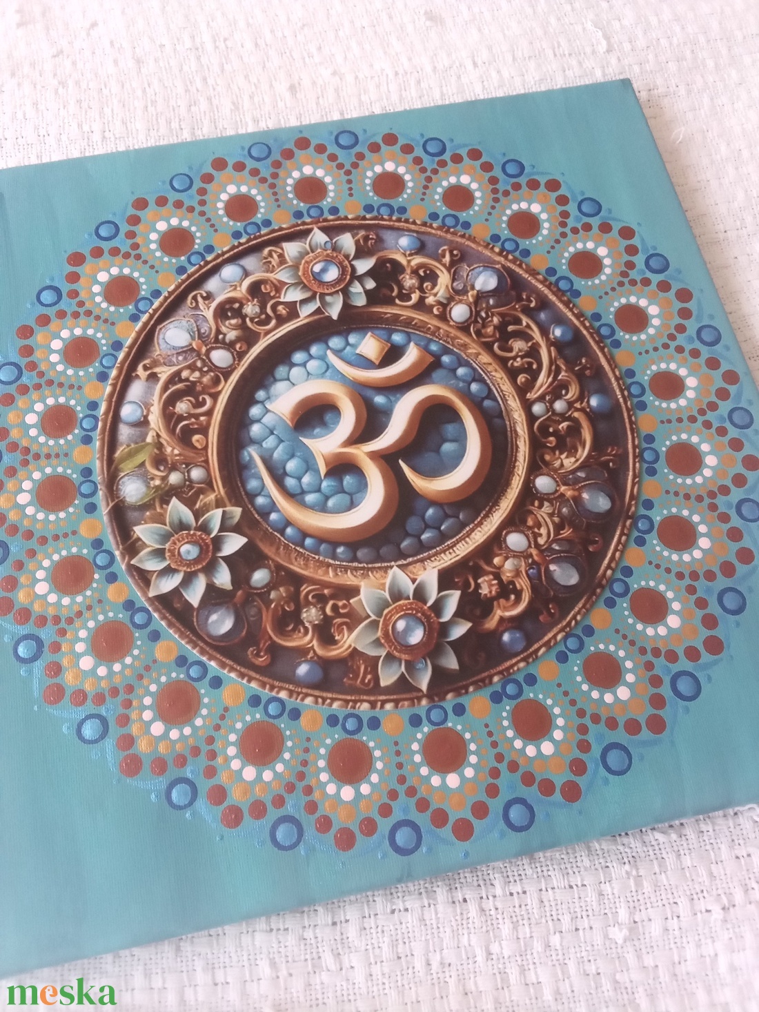 Kék virág arany Om-jellel - egyedi akril festmény, mandala falikép 30x30 cm - művészet - festmény - akril - Meska.hu