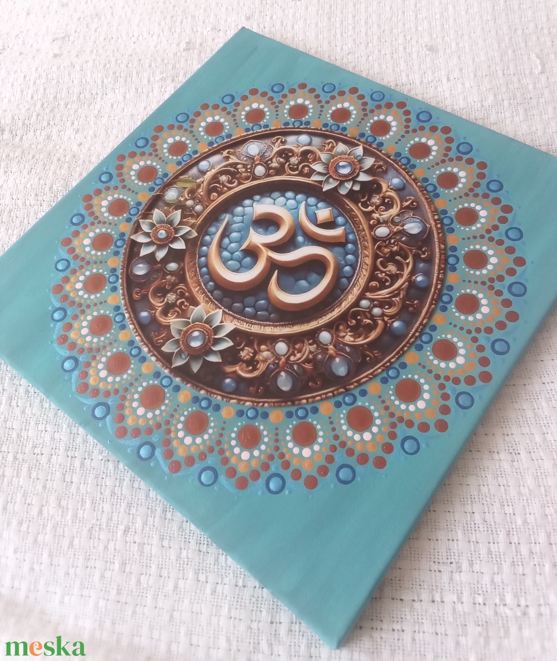 Kék virág arany Om-jellel - egyedi akril festmény, mandala falikép 30x30 cm - művészet - festmény - akril - Meska.hu