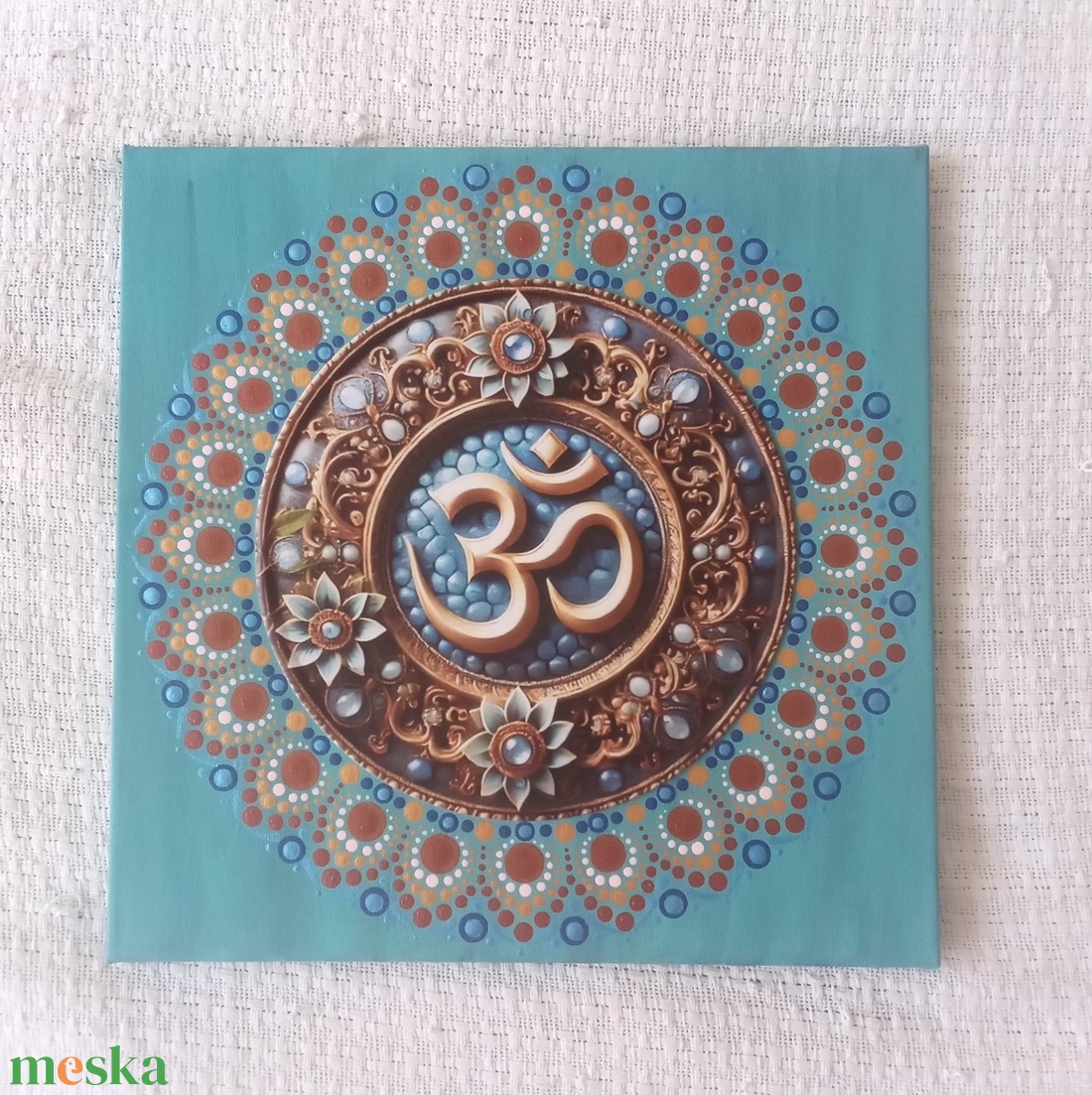 Kék virág arany Om-jellel - egyedi akril festmény, mandala falikép 30x30 cm - művészet - festmény - akril - Meska.hu
