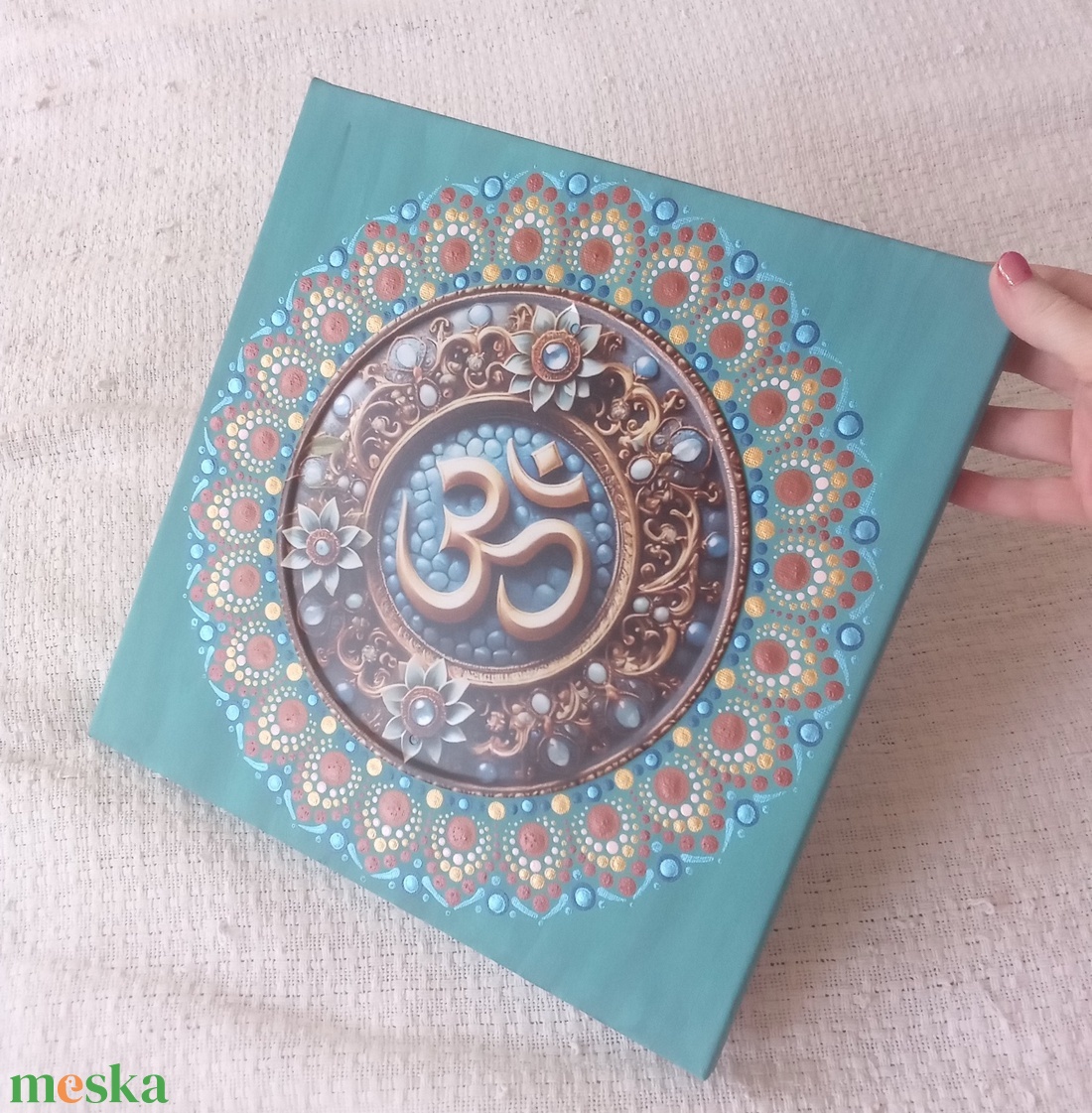 Kék virág arany Om-jellel - egyedi akril festmény, mandala falikép 30x30 cm - művészet - festmény - akril - Meska.hu
