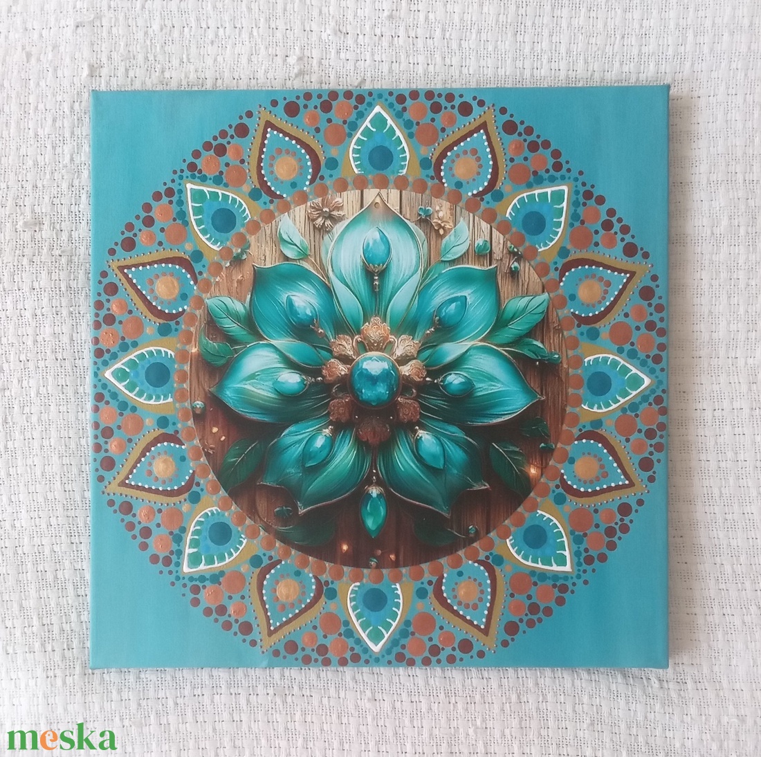 Türkiz lótusz - egyedi akril festmény, mandala falikép 30x30 cm - művészet - festmény - akril - Meska.hu