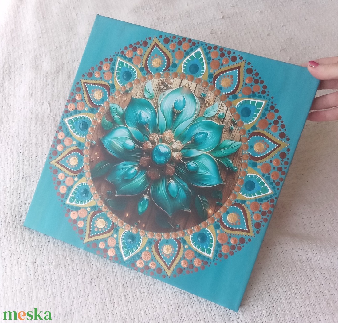 Türkiz lótusz - egyedi akril festmény, mandala falikép 30x30 cm - művészet - festmény - akril - Meska.hu