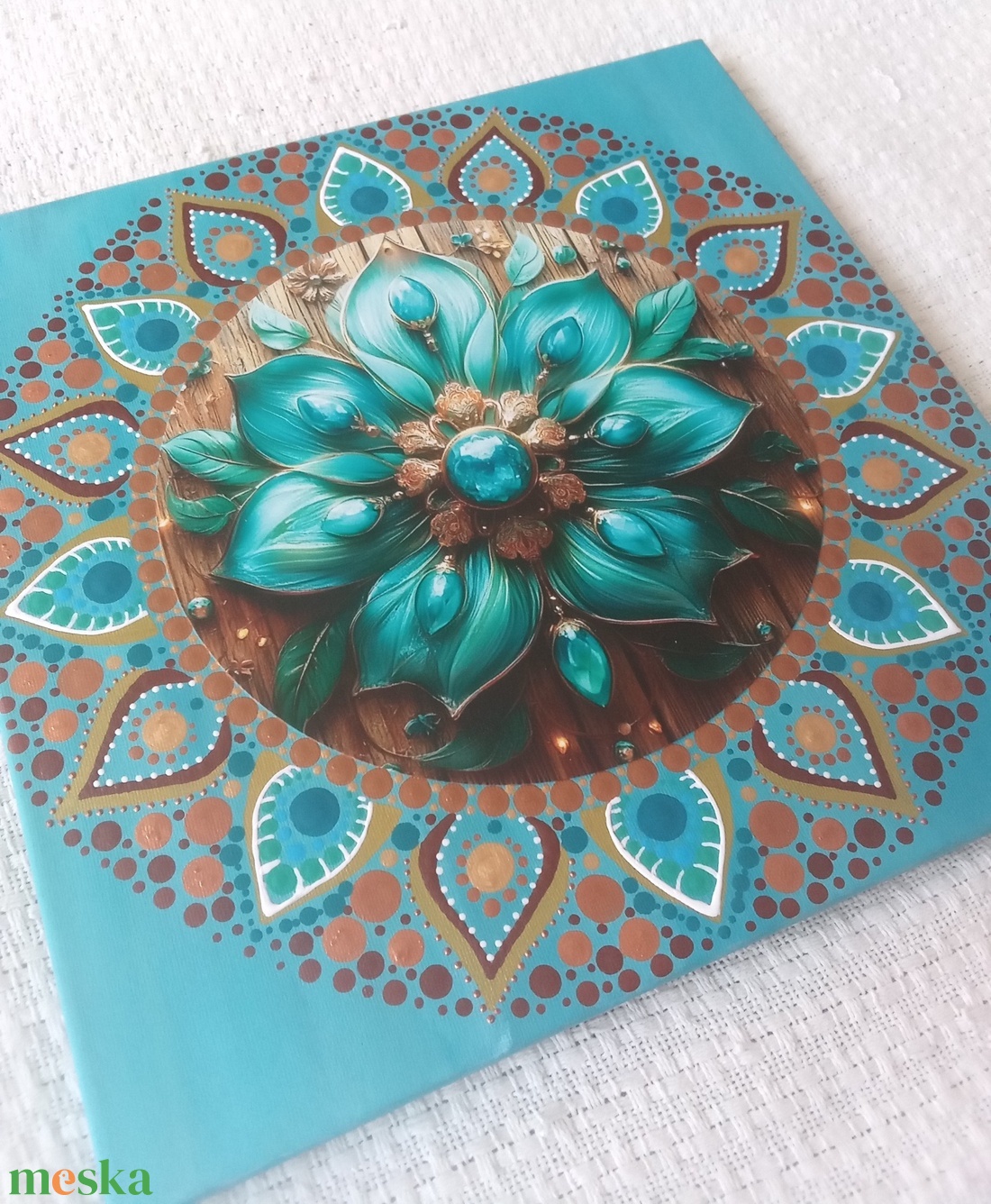 Türkiz lótusz - egyedi akril festmény, mandala falikép 30x30 cm - művészet - festmény - akril - Meska.hu