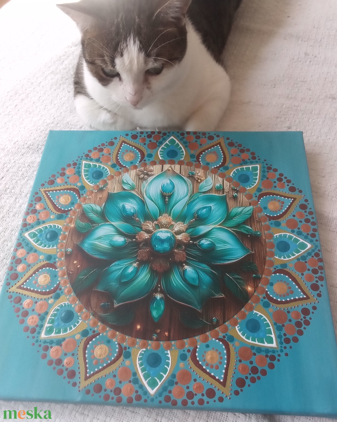 Türkiz lótusz - egyedi akril festmény, mandala falikép 30x30 cm - művészet - festmény - akril - Meska.hu