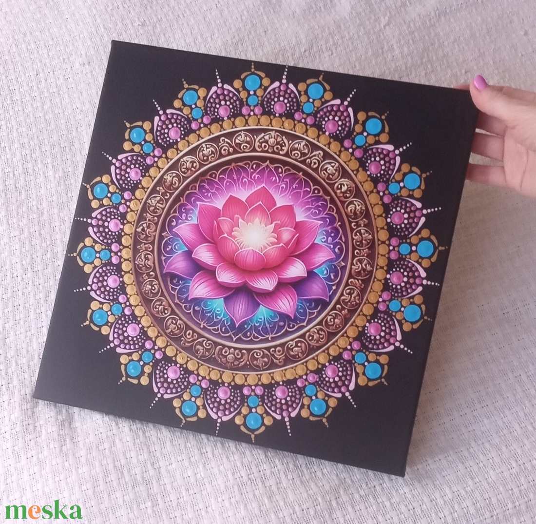 Pink lótusz - egyedi akril festmény, mandala falikép 30x30 cm - művészet - festmény - akril - Meska.hu