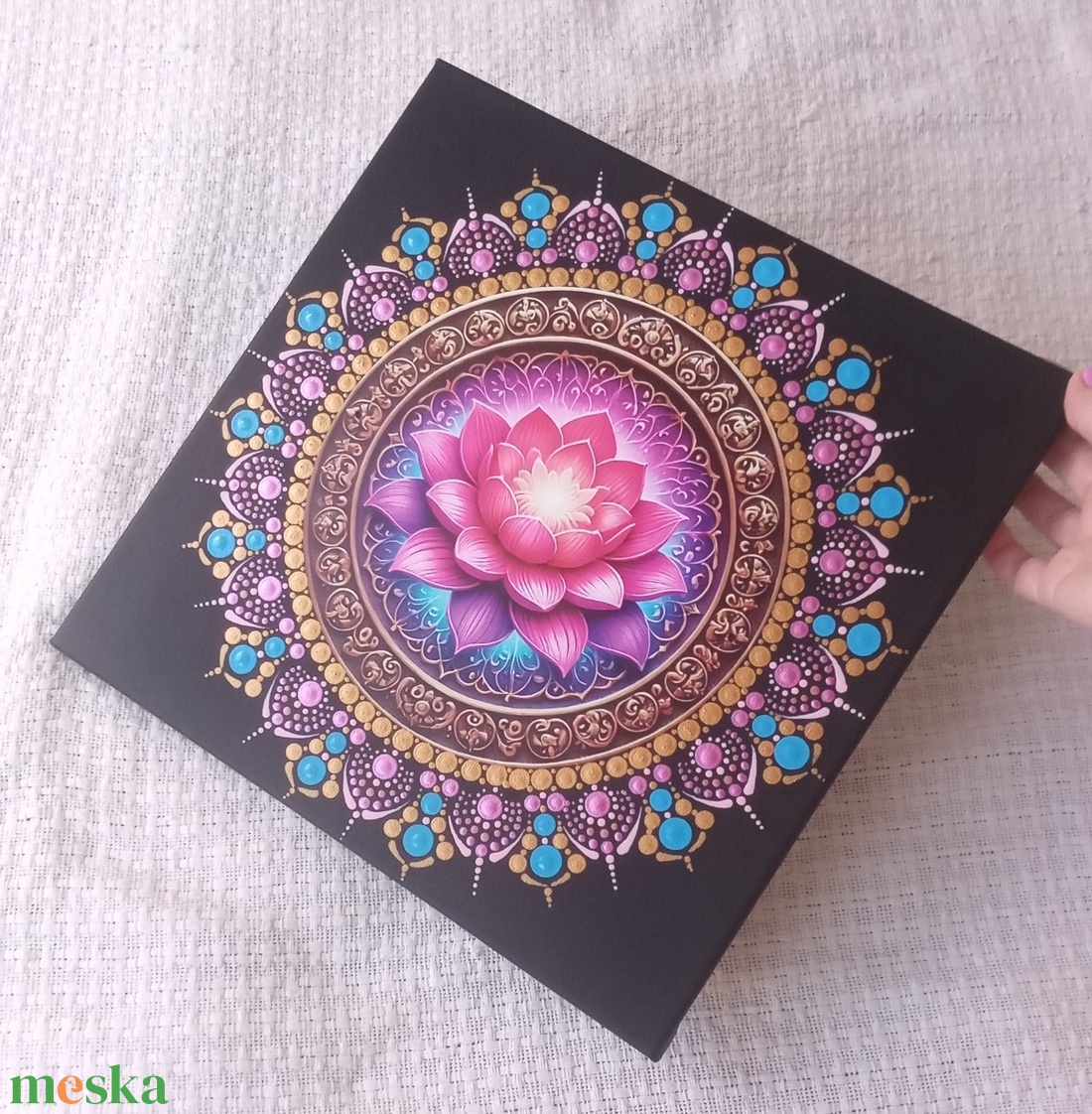 Pink lótusz - egyedi akril festmény, mandala falikép 30x30 cm - művészet - festmény - akril - Meska.hu