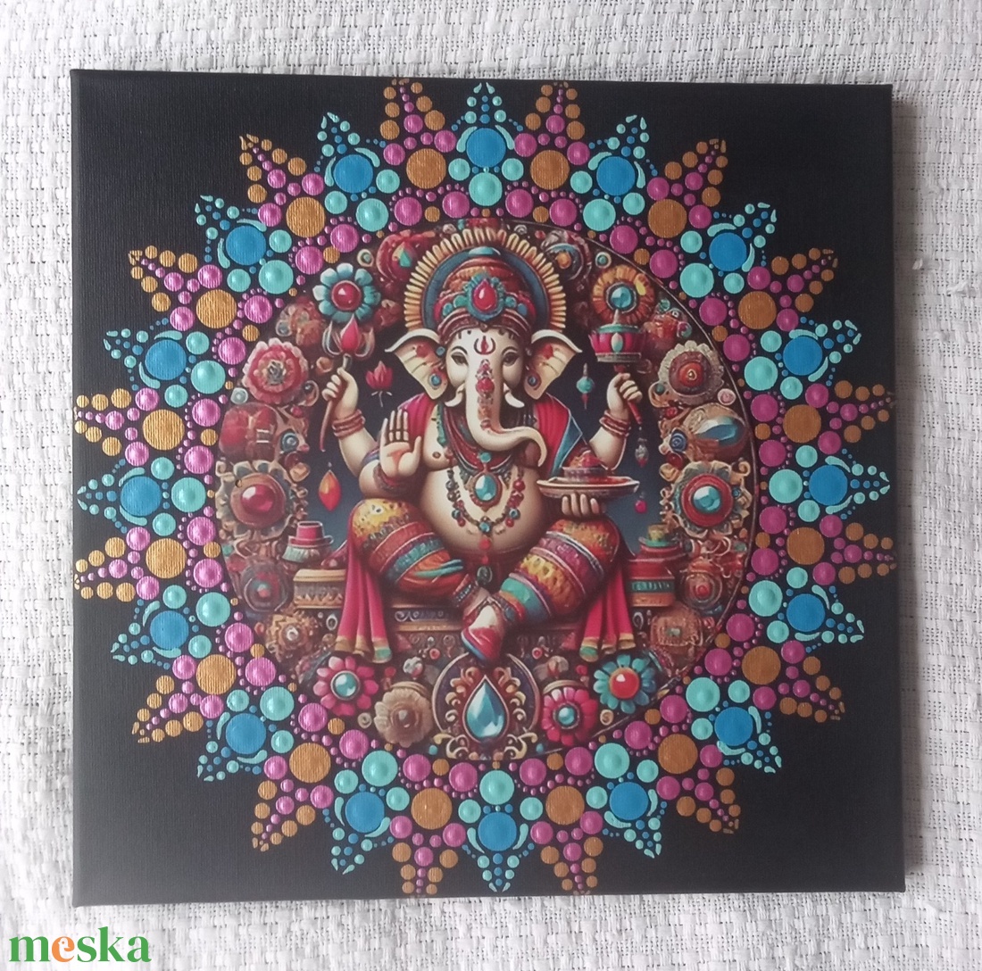 Ganesha - védelmező, bőséghozó - egyedi akril festmény, mandala falikép 30x30 cm - művészet - festmény - akril - Meska.hu