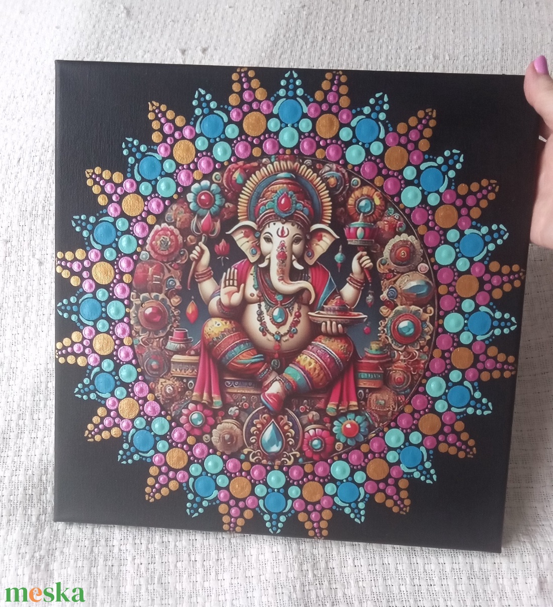 Ganesha - védelmező, bőséghozó - egyedi akril festmény, mandala falikép 30x30 cm - művészet - festmény - akril - Meska.hu