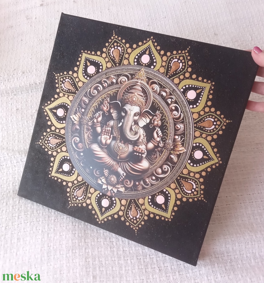Ganesha - védelmező, bőséghozó - egyedi akril festmény, mandala falikép 30x30 cm - művészet - festmény - akril - Meska.hu