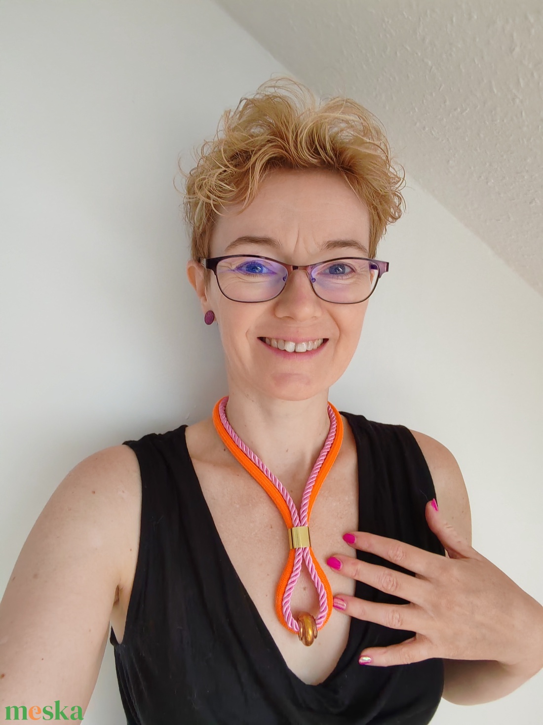 Vibráló Narancs-Pink Csepp Nyaklánc � Egyedi Rézfényű Gyönggyel - ékszer - nyaklánc - statement nyaklánc - Meska.hu