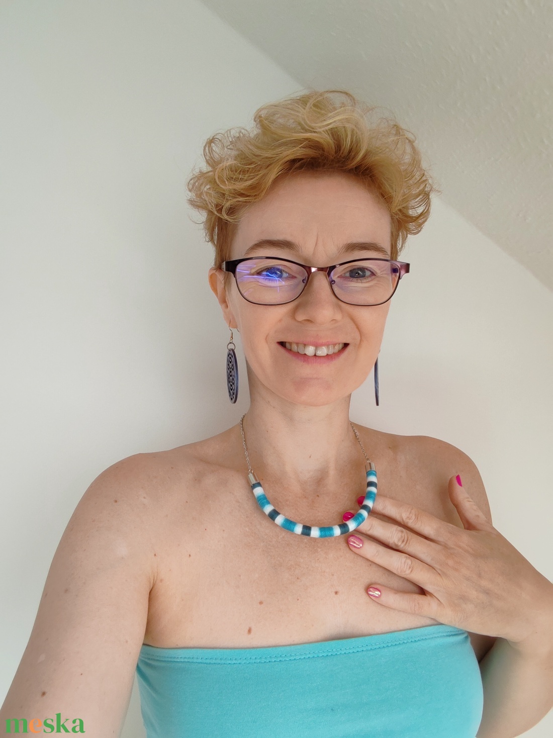 Ocean Twist Slim � Kézzel tekert kék-fehér csíkos textilékszer (Türkiz - Teal) - ékszer - nyaklánc - statement nyaklánc - Meska.hu