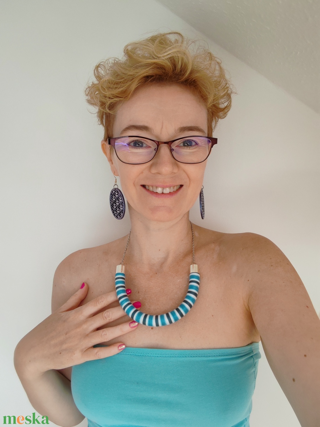 Ocean Twist Bold � Kézzel tekert kék-fehér csíkos textilékszer (Türkiz - Teal) - ékszer - nyaklánc - statement nyaklánc - Meska.hu