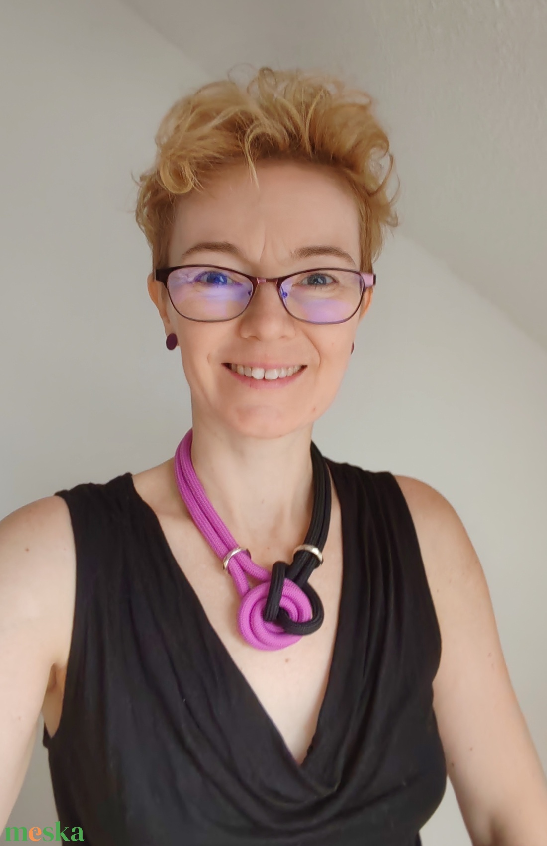 Magenta - Black Knot � Ciklámen és fekete kötélnyakék ezüst szerelékekkel - ékszer - nyaklánc - statement nyaklánc - Meska.hu