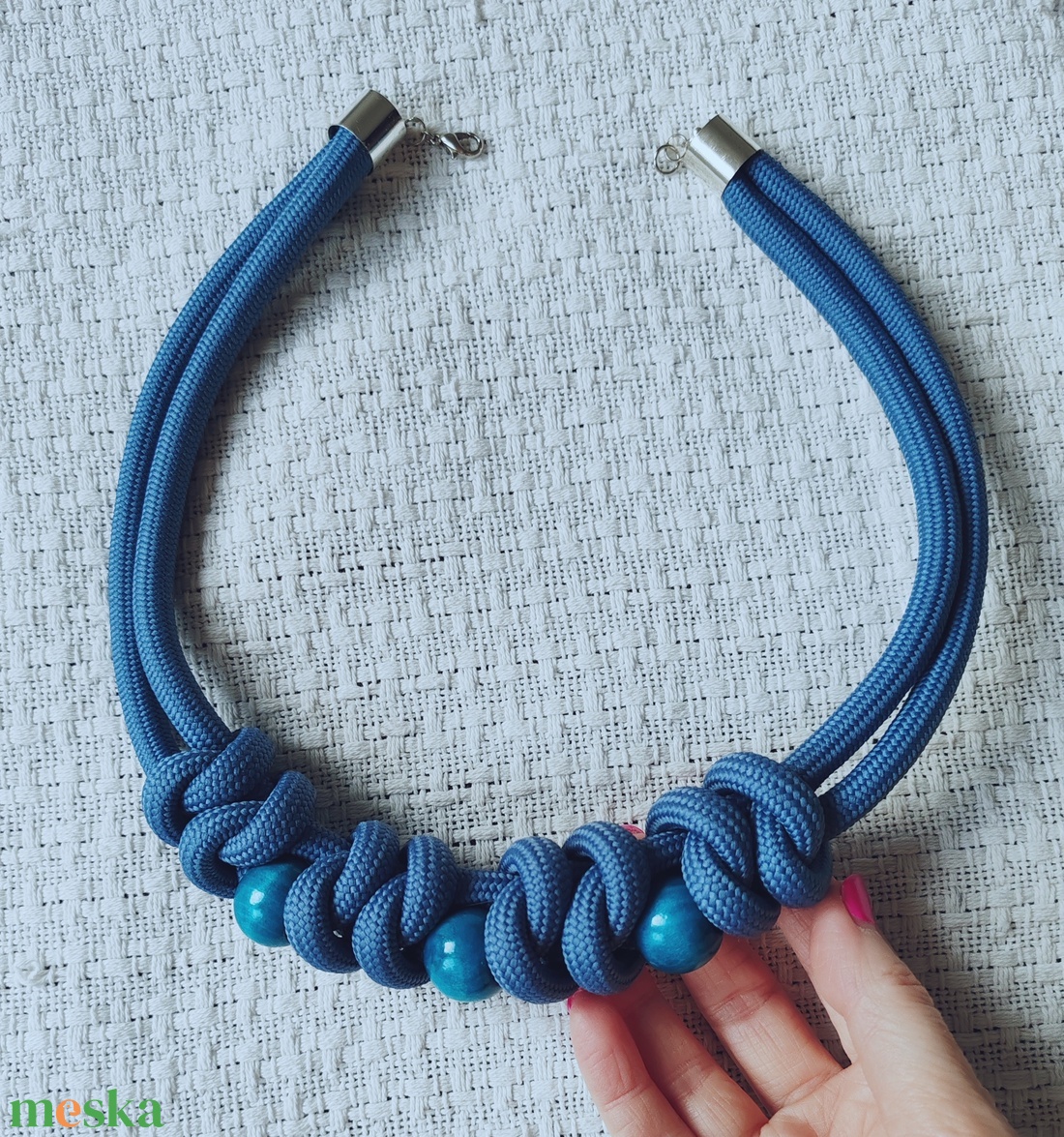 Indigo Knot Statement � Farmerkék makramécsomós nyakék türkiz gyöngyökkel - ékszer - nyaklánc - statement nyaklánc - Meska.hu