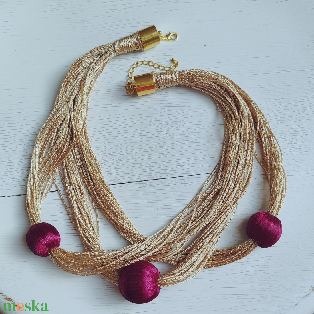 Burgundy Chic � Sokszálas statement textilnyaklánc kézzel bevont szatén golyókkal - ékszer - nyaklánc - statement nyaklánc - Meska.hu