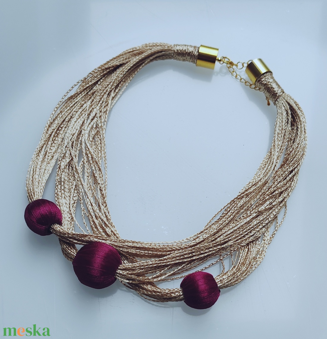 Burgundy Chic � Sokszálas statement textilnyaklánc kézzel bevont szatén golyókkal - ékszer - nyaklánc - statement nyaklánc - Meska.hu