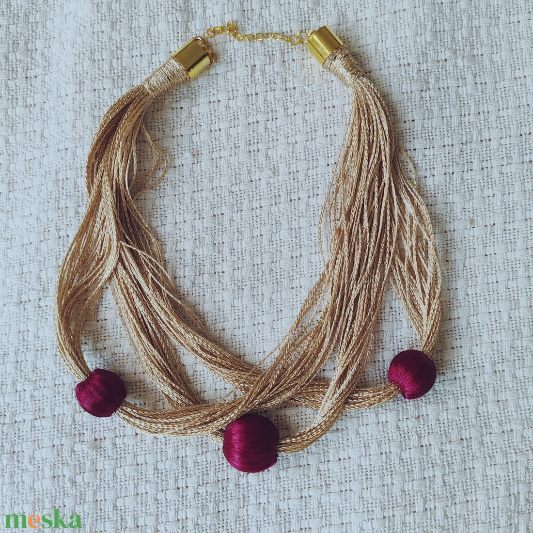 Burgundy Chic � Sokszálas statement textilnyaklánc kézzel bevont szatén golyókkal - ékszer - nyaklánc - statement nyaklánc - Meska.hu