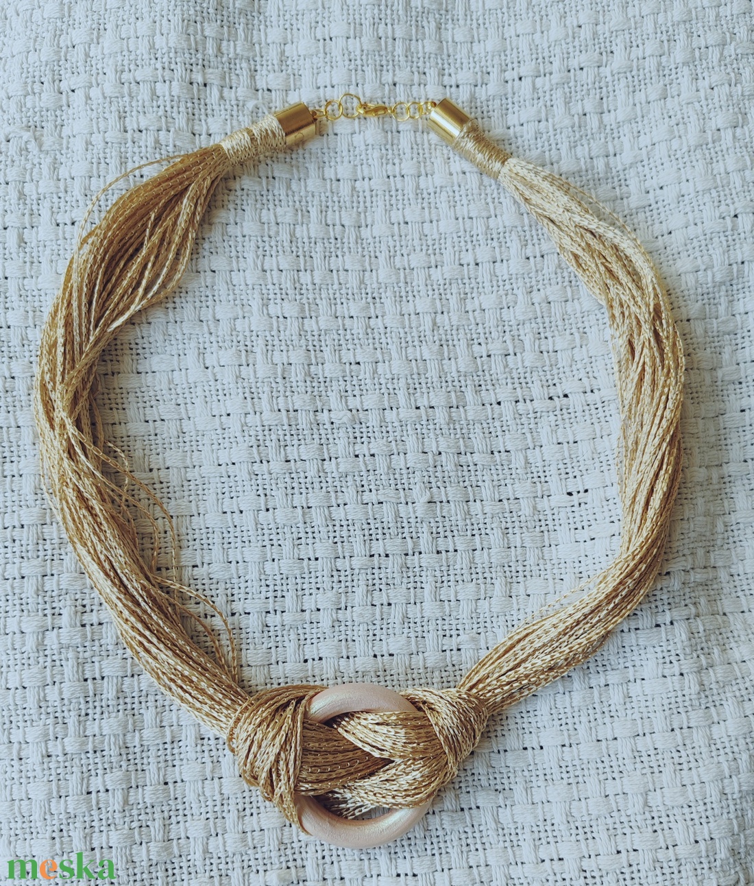 Golden Ring Boho � Sokszálas arany textilnyaklánc fa karikával  - ékszer - nyaklánc - statement nyaklánc - Meska.hu