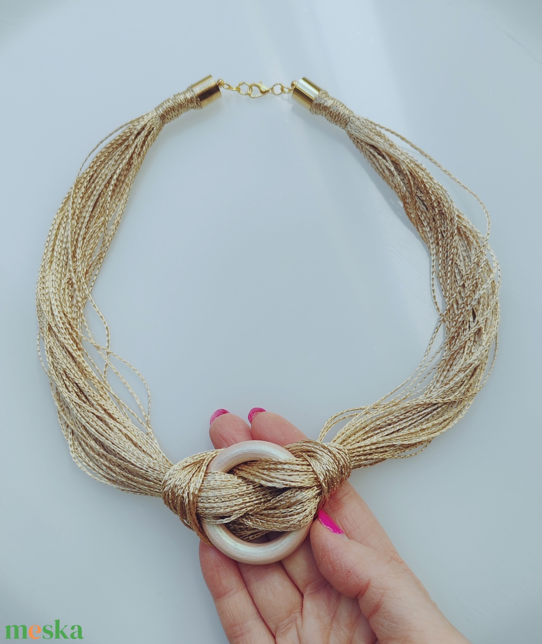 Golden Ring Boho � Sokszálas arany textilnyaklánc fa karikával  - ékszer - nyaklánc - statement nyaklánc - Meska.hu