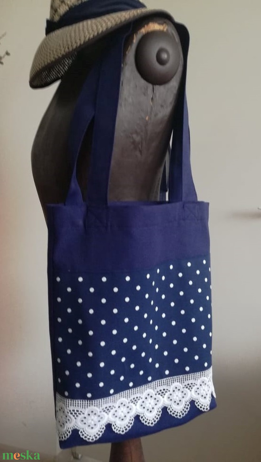 Pöttyös szatyor csipkével - táska & tok - bevásárlás & shopper táska - shopper, textiltáska, szatyor - Meska.hu