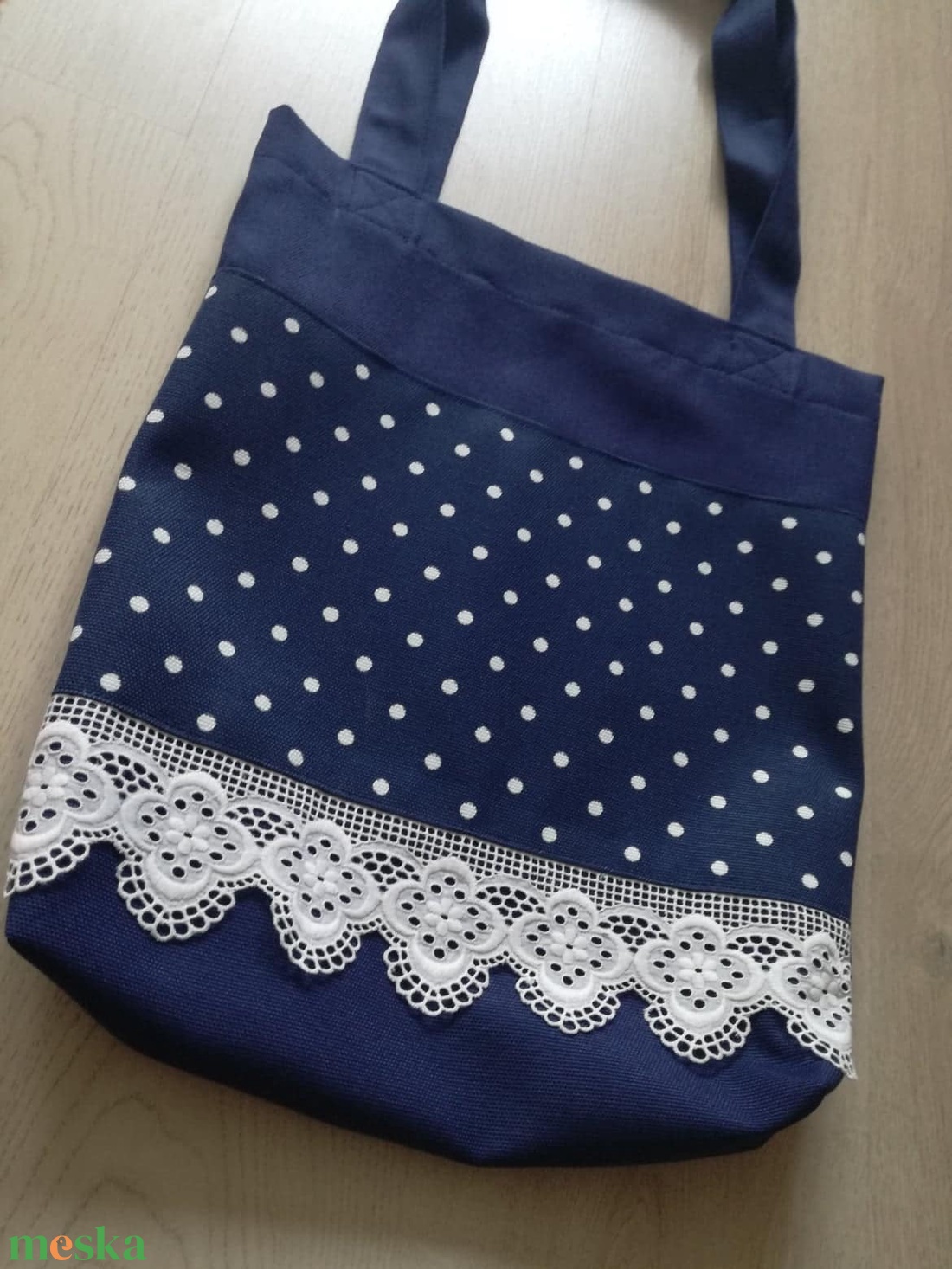 Pöttyös szatyor csipkével - táska & tok - bevásárlás & shopper táska - shopper, textiltáska, szatyor - Meska.hu