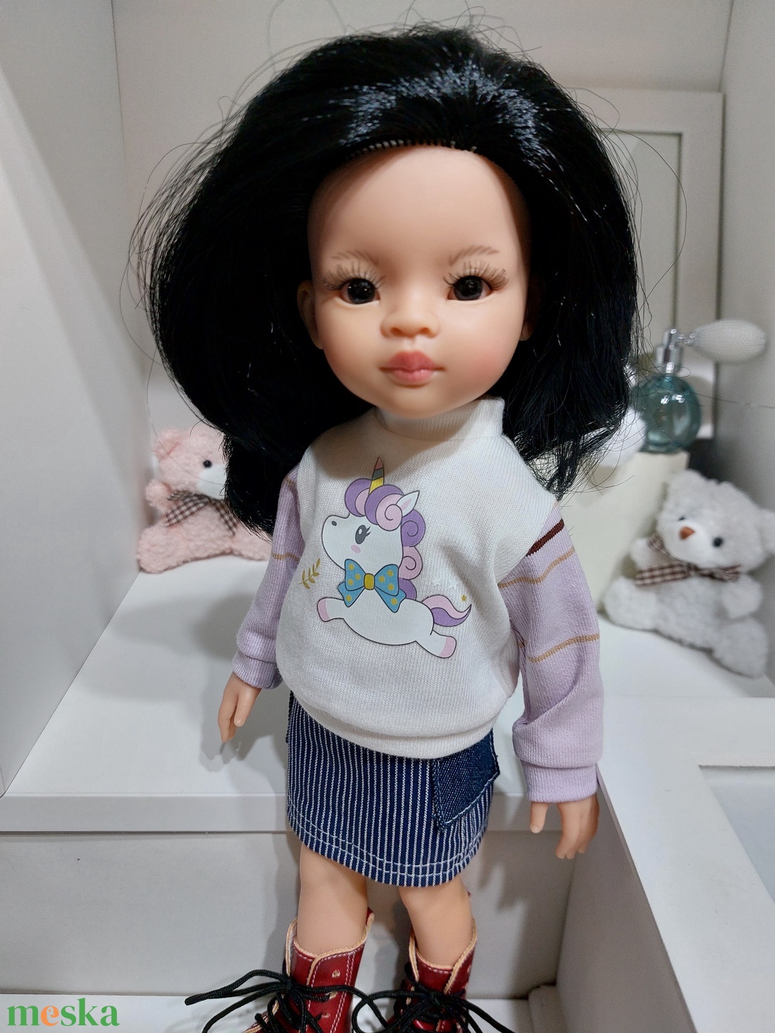 Paola Reina unikornisos csíkos ujjú pulcsi-farmer szett - játék & sport - baba & babaház - babaruha, babakellék - Meska.hu