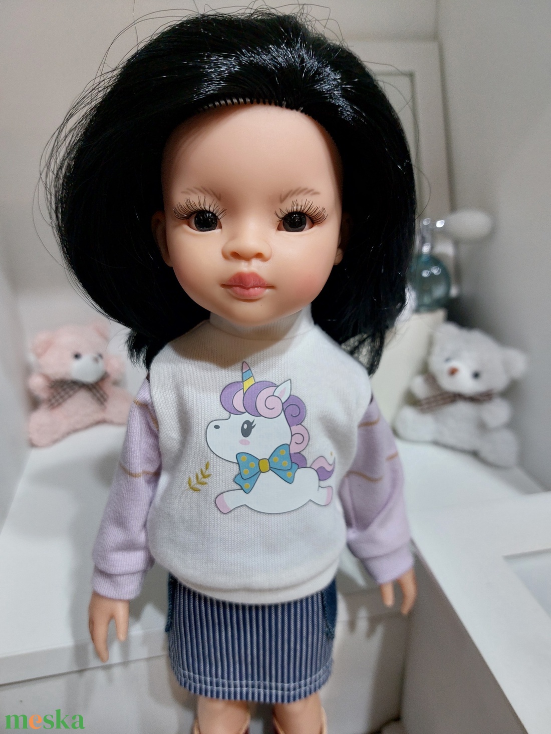 Paola Reina unikornisos csíkos ujjú pulcsi-farmer szett - játék & sport - baba & babaház - babaruha, babakellék - Meska.hu