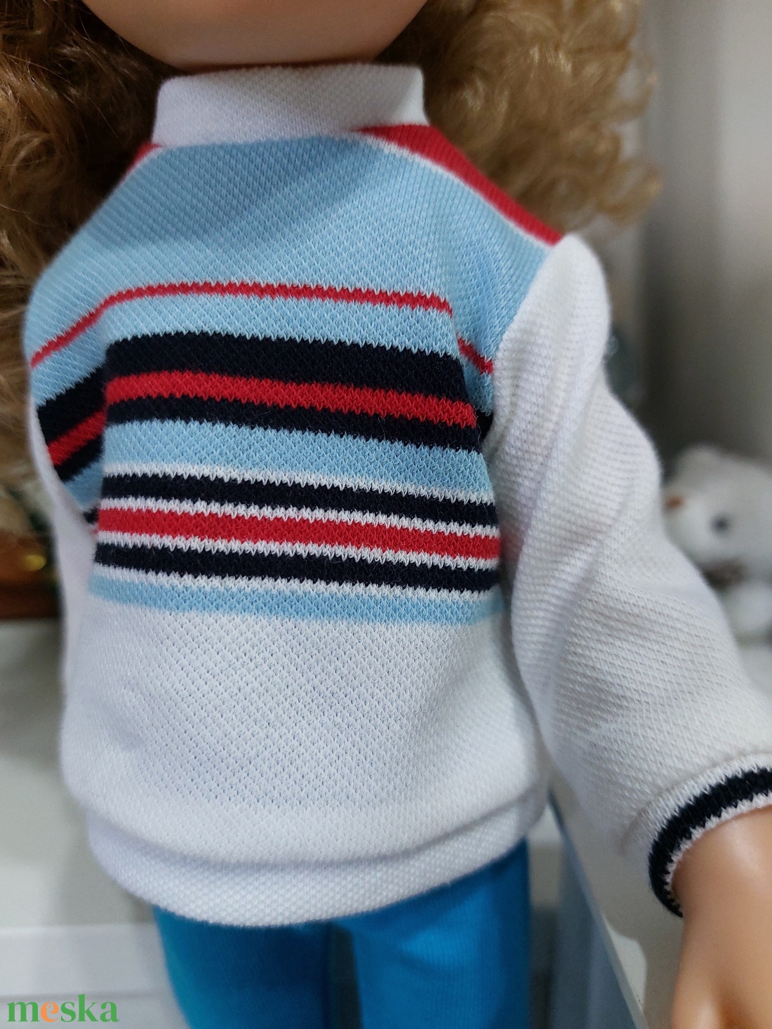 Paola Reina kék-fehér-piros csíkos hosszú ujjú pulcsis szett - játék & sport - baba & babaház - babaruha, babakellék - Meska.hu