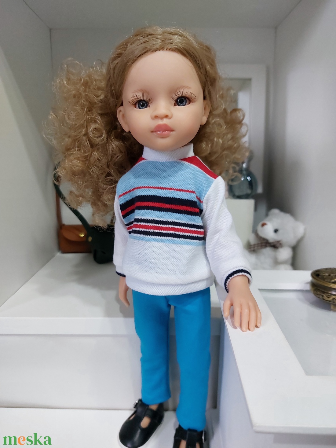 Paola Reina kék-fehér-piros csíkos hosszú ujjú pulcsis szett - játék & sport - baba & babaház - babaruha, babakellék - Meska.hu