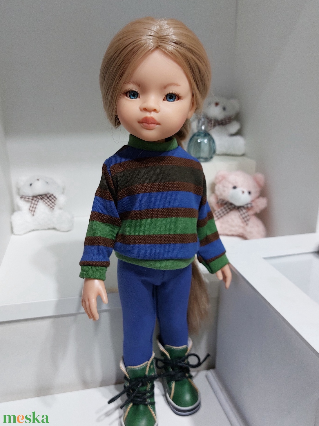 Paola Reina kék-zöld-barna csíkos hosszú ujjú pulcsis szett - játék & sport - baba & babaház - babaruha, babakellék - Meska.hu