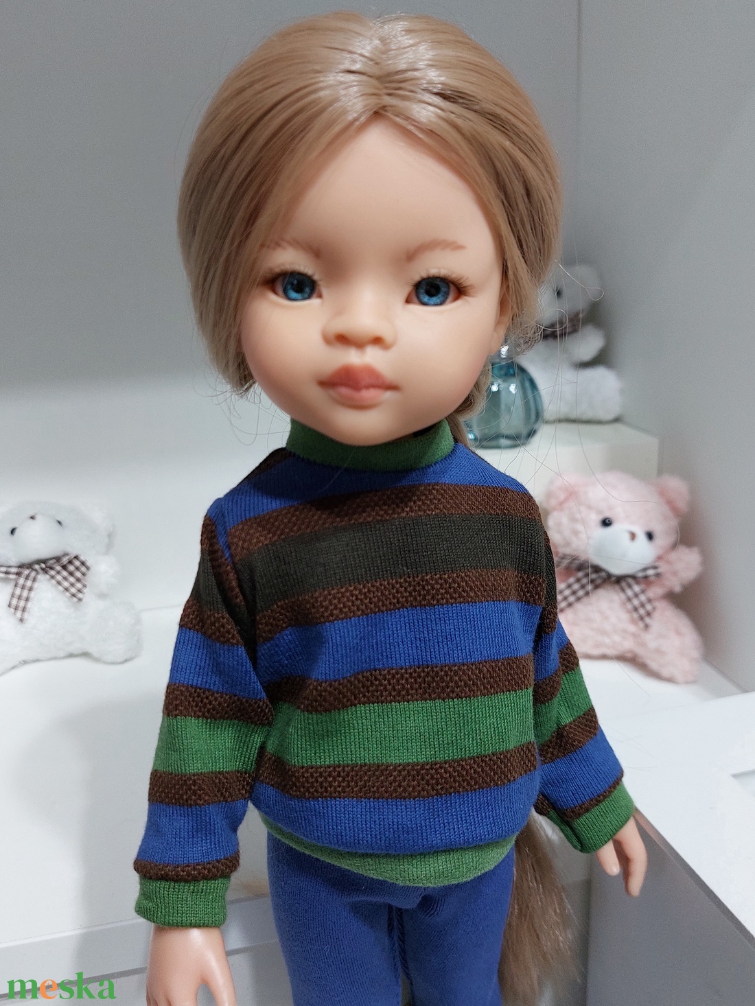 Paola Reina kék-zöld-barna csíkos hosszú ujjú pulcsis szett - játék & sport - baba & babaház - babaruha, babakellék - Meska.hu