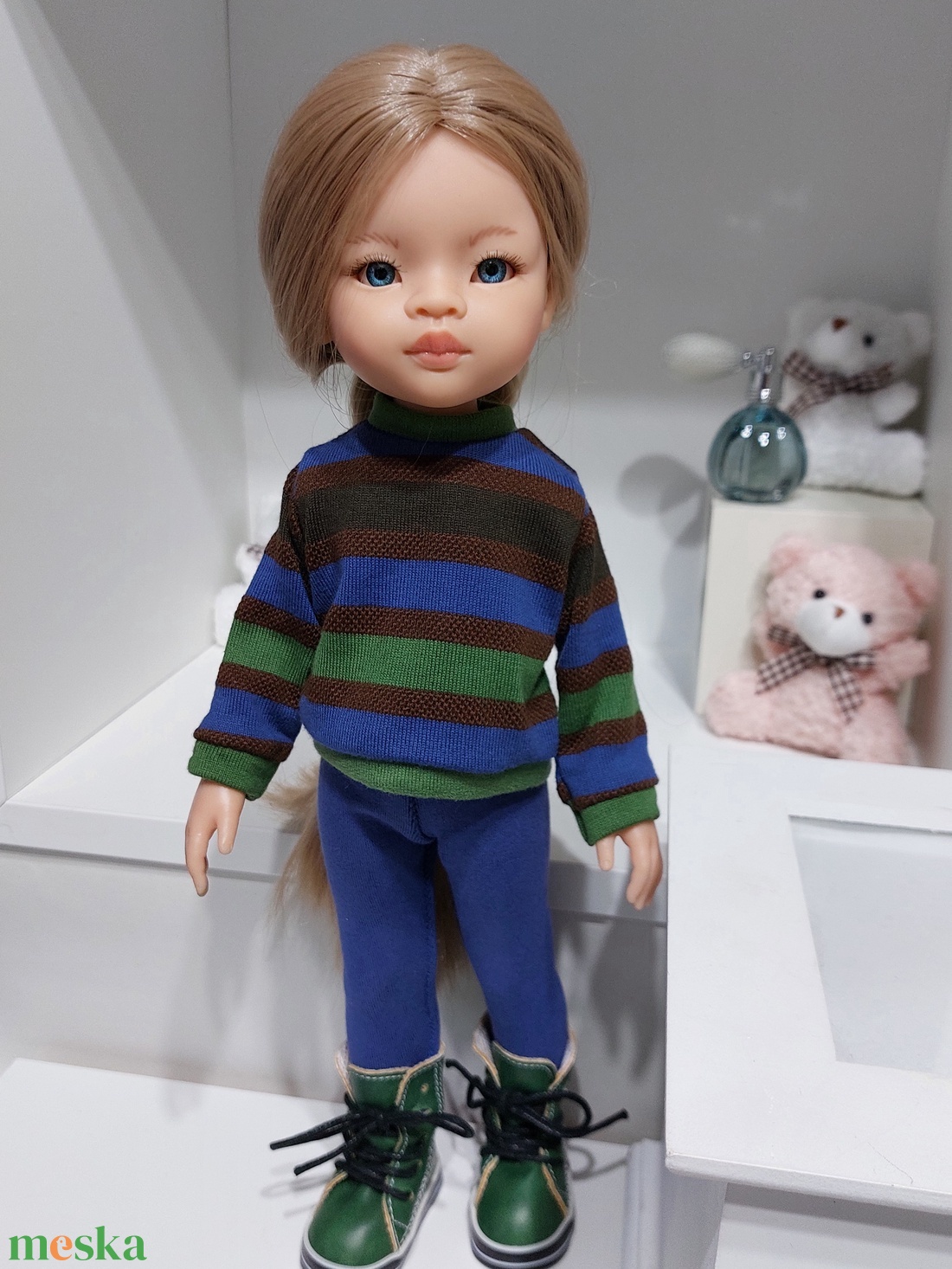 Paola Reina kék-zöld-barna csíkos hosszú ujjú pulcsis szett - játék & sport - baba & babaház - babaruha, babakellék - Meska.hu