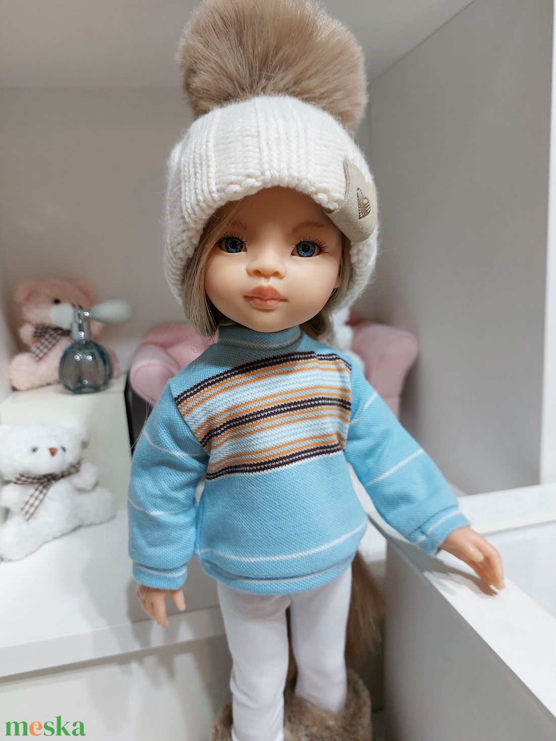 Paola Reina türkiz csíkos hosszú ujjú pulcsis szett - játék & sport - baba & babaház - babaruha, babakellék - Meska.hu