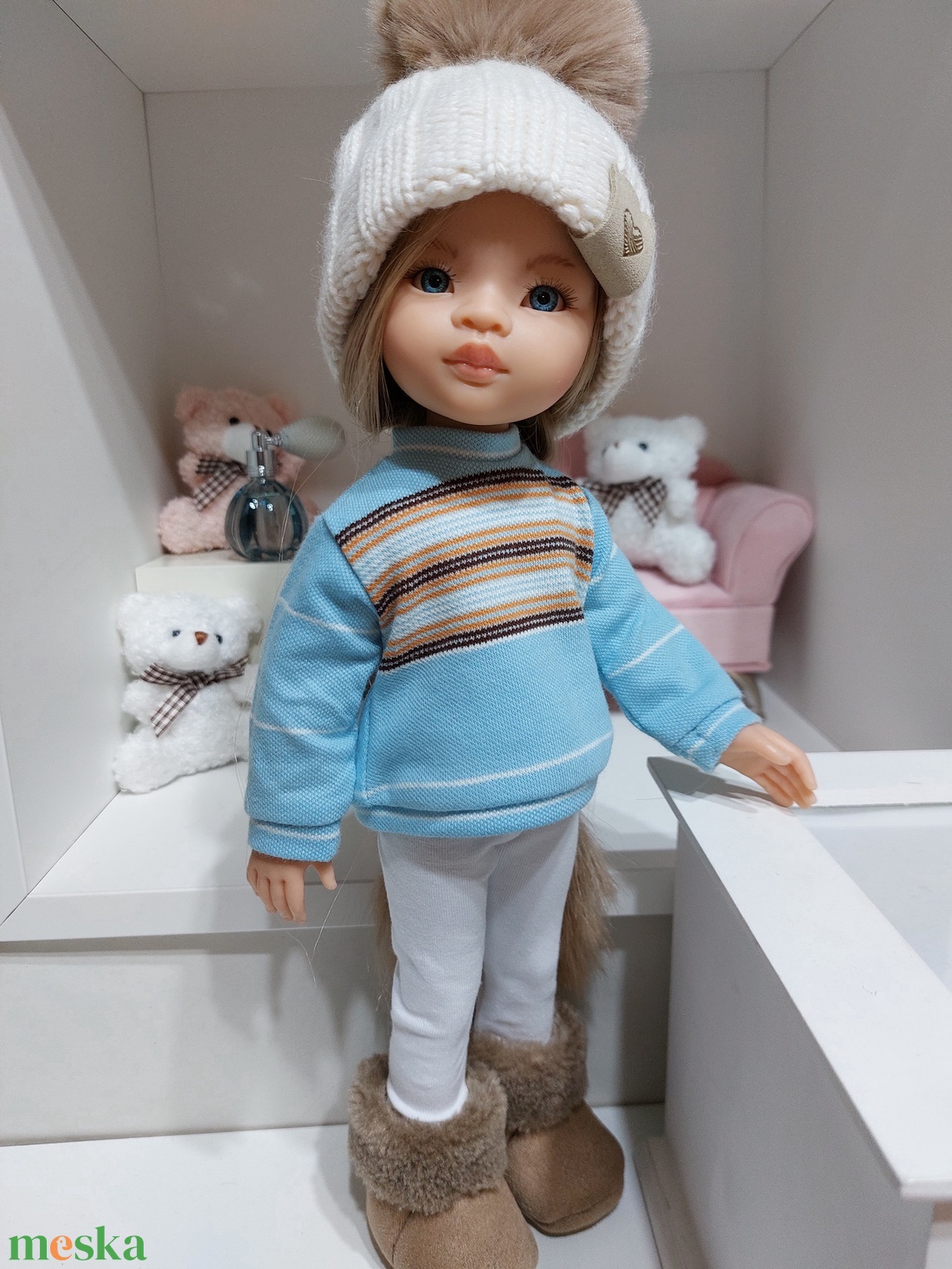Paola Reina türkiz csíkos hosszú ujjú pulcsis szett - játék & sport - baba & babaház - babaruha, babakellék - Meska.hu