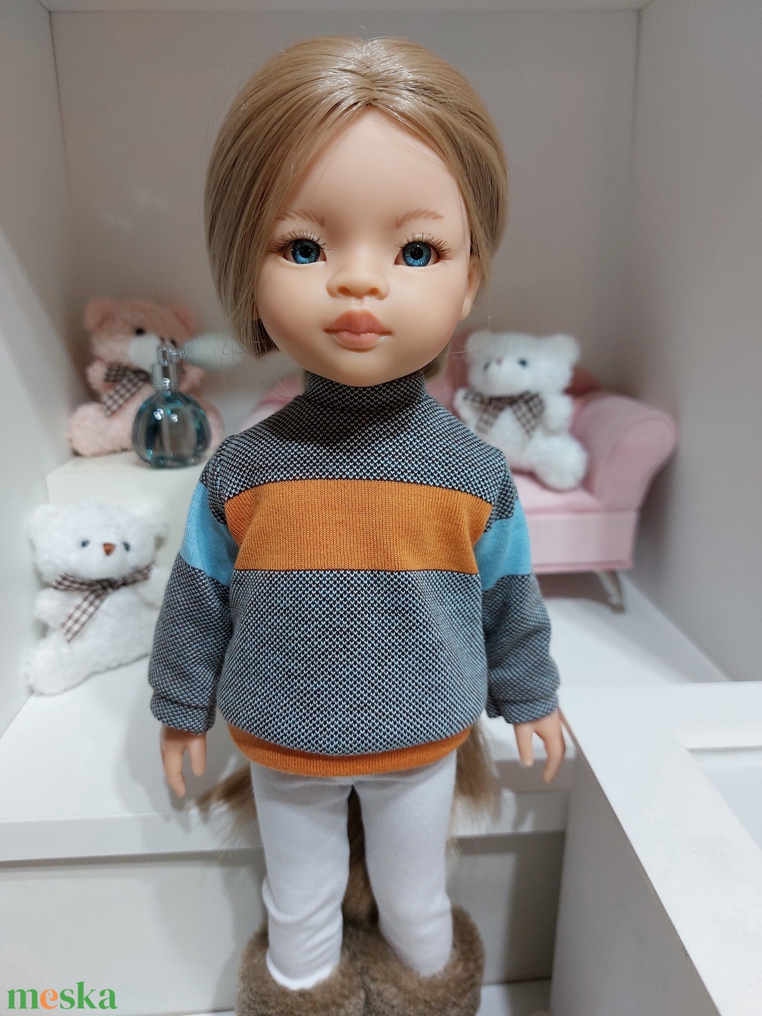 Paola Reina narancs-türkiz csíkos hosszú ujjú pulcsis szett - játék & sport - baba & babaház - babaruha, babakellék - Meska.hu