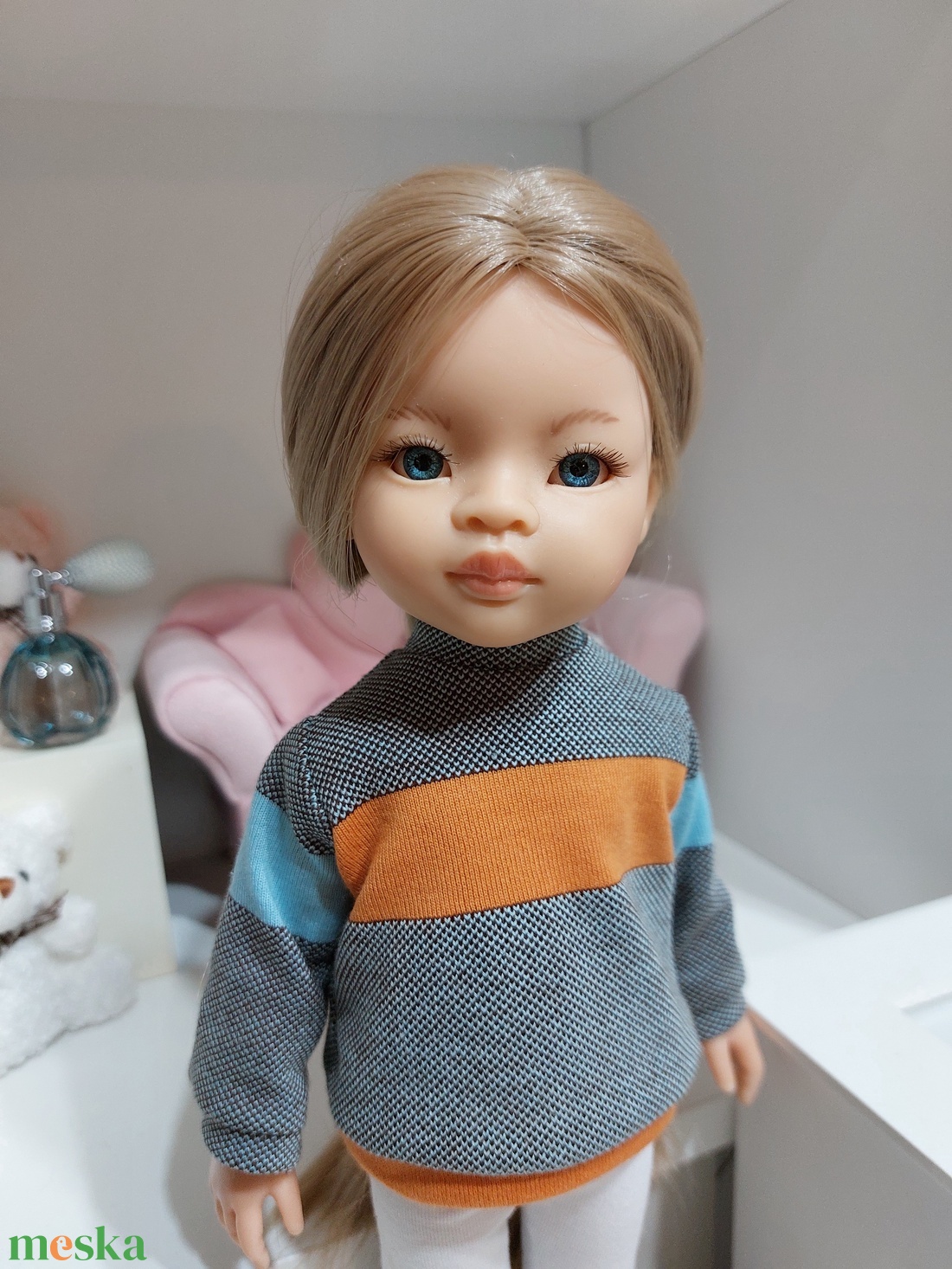 Paola Reina narancs-türkiz csíkos hosszú ujjú pulcsis szett - játék & sport - baba & babaház - babaruha, babakellék - Meska.hu