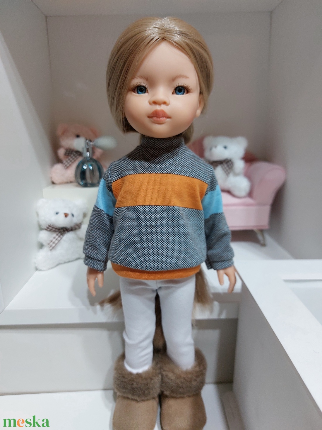 Paola Reina narancs-türkiz csíkos hosszú ujjú pulcsis szett - játék & sport - baba & babaház - babaruha, babakellék - Meska.hu