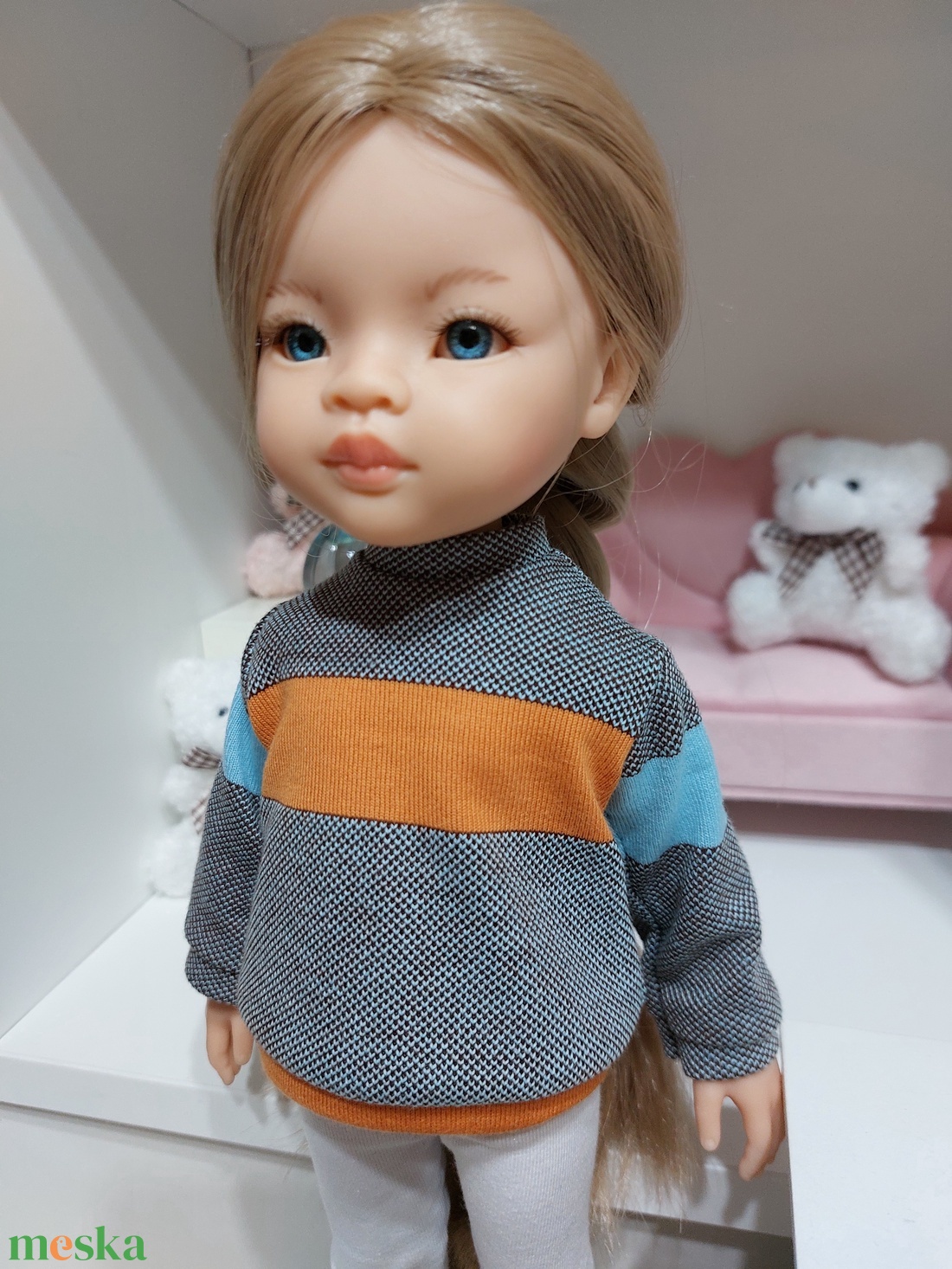 Paola Reina narancs-türkiz csíkos hosszú ujjú pulcsis szett - játék & sport - baba & babaház - babaruha, babakellék - Meska.hu