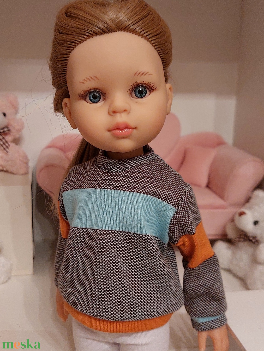 Paola Reina türkiz-narancs-barna csíkos pulcsis szett - játék & sport - baba & babaház - babaruha, babakellék - Meska.hu